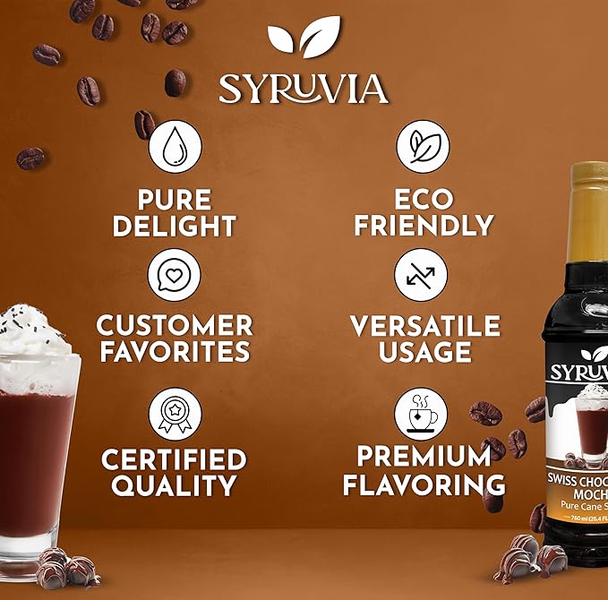 Syruvia Swiss Chocolate Mocha Syrup - 25.4 fl oz Premium Coffee Flavoring Syrup - Kosher Coffee Syrups, Gluten Free, No Coloring, Perfect for Drinks, Soda, Shakes, Desserts, and More With Pump