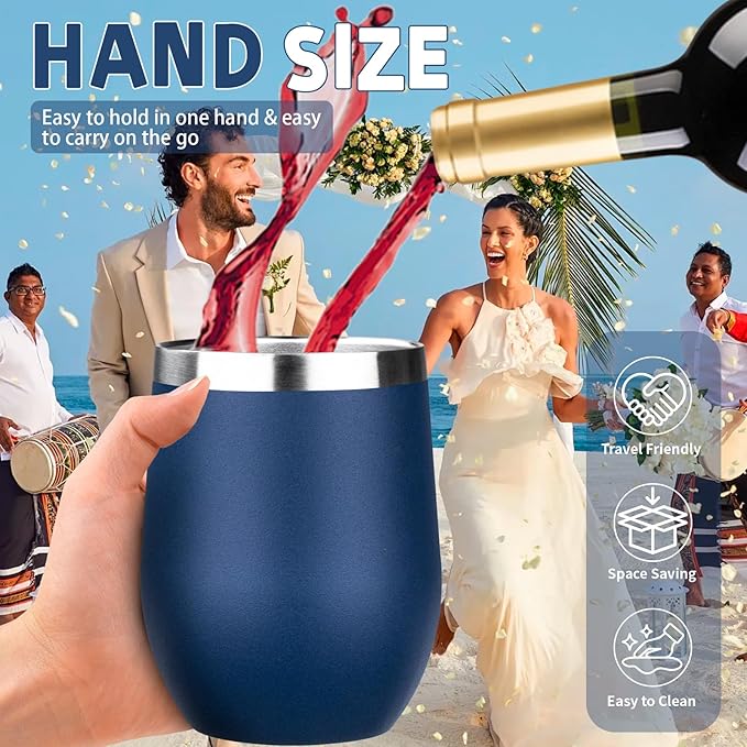 12oz/6 Pack Stainless Steel Wine Tumbler with Lid and Straw, Double Wall Vacuum Insulated Wine Tumbler Glasses, Stemless Travel Mugs for Hot and Cold Drinks, Coffee, Wine, Cocktails （Mix Color-2）