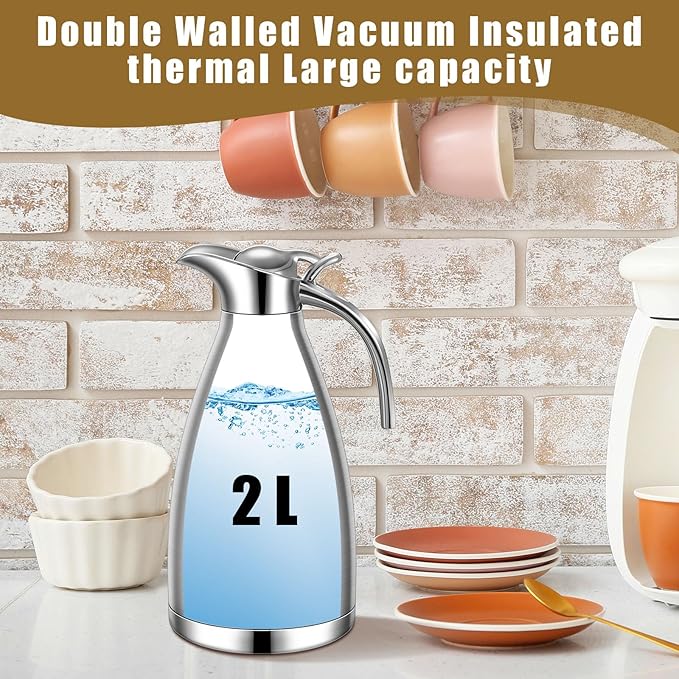 Uiifan 2 Pcs 68 oz Thermal Coffee Carafe Insulated Stainless Steel Coffee Carafe for Hot Liquids Vacuum Thermal Pot Creamer Dispenser with Brushes Keeping Hot Tea Milk Water(Black, Silver)