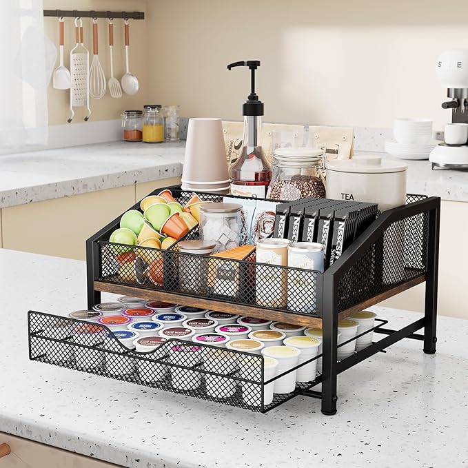 Coffee Bar Organizer - Coffee Station for Countertop, Metal and Wood K Cup holder Storage Basket with Drawer for Syrup, Cups, Stirrer, Condiment, Tea Organizer, Brown