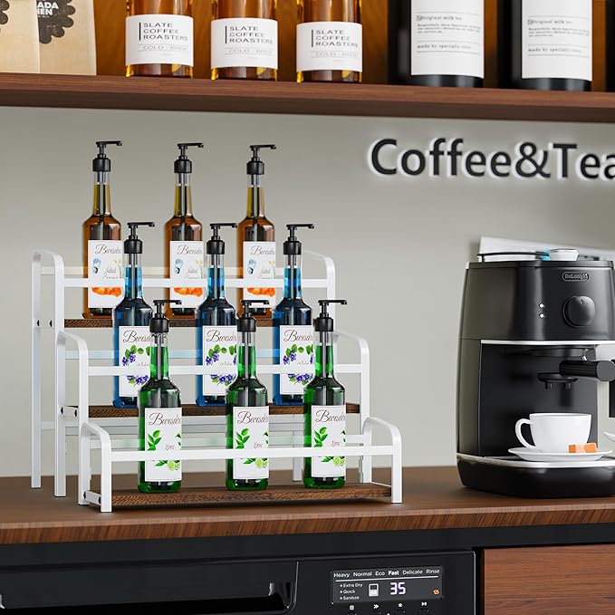 Coffee Syrup Rack Organizer, Wine Racks, Spice Racks, 3-Tier (Magnetic Connection) 12 Bottles Storage Shelves for Syrup Bottle Holder Stand for Coffee Bar, Kitchen Countertop, Rustic Brown & White