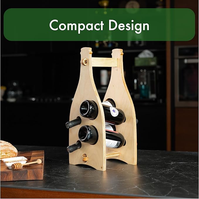 KAKALI Freestanding Wooden Wine Rack - Wood Wine Bottle Rack - Free Standing Bottle Storage - Countertop Racks for Bottles - House Warming Gifts for Casual Drinkers, 4 Bottle Storage