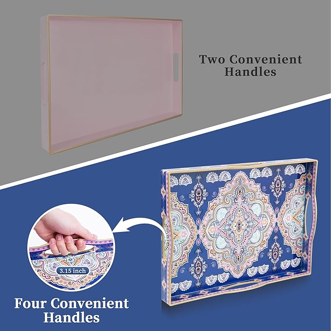 Gifturbo Serving Tray for Coffee Table, Rectangular Plastic Decorative Tray with 4 Handles for Entertaining, Outdoors, Living Room, Ottoman, Bathroom,Blue & Pink