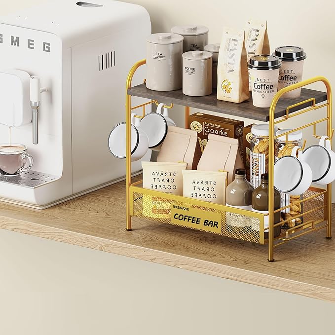 Coffee Bar Organizer for Countertop Station, Simple Assembly 2 Tier Shelf for Home,Office, Coffee Cup Holder Storage Organization for Counter Accessory Storage Rack with 4 Hooks Space-Saving