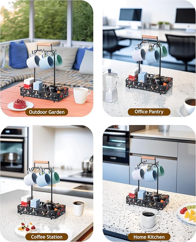 Coffee Mug Holder for Countertop, Mug Tree & Mug Rack with Storage Basket, 2-in-1 Organizer Holds 4 Large Mugs, Kitchen Cup Holder for Coffee Bar Accessories, Pods & Tea Bags, Black Metal with Handle