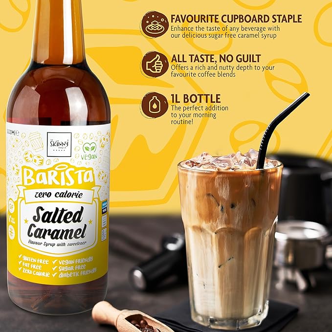 Skinny Food Co Salted Caramel Syrup Zero Calorie 35 Fl Oz - Sugar Free Coffee Syrups For Tea, Hot Chocolate, Fruit, Baking, Protein Drinks - Vegan-Friendly, Gluten-Free & Fat-Free - Syrups For Coffee Drinks