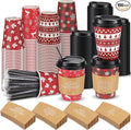 Remerry 100 Sets 400 Pcs 12 oz Christmas Disposable Coffee Cups with Lid, Straws and Sleeves Snowflake Reindeer Snowman Paper Cups Xmas Party Supplies for Hot Drink Cold Beverage(Classic Style)
