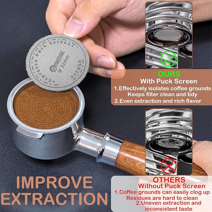 51mm Bottomless Portafilter 2 Ears Stainless Steel Espresso Portafilter Compatible with Delonghi ECP3420/EC155/BCO430/EC260 with Puck Screen Coffee Needle and Walnut Handle