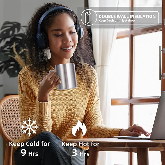 Volhoply 12oz Insulated Leakproof Coffee Mug with Flip & Straw Lid Bulk 8 Pack,Double Wall Vacuum Stainless Steel Travel Tumbler Cup with Handle,Reusable Camping Keep Cold/Hot(Silver,8 Set)