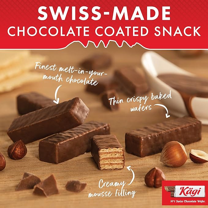 Swiss Milk Chocolate Covered Mini Wafers by Kägi, Crispy Coated Sweet Snacks, Premium Individually Wrapped Treats, Chocolate, Classic Kägi, 3 Pack of 125g Bags