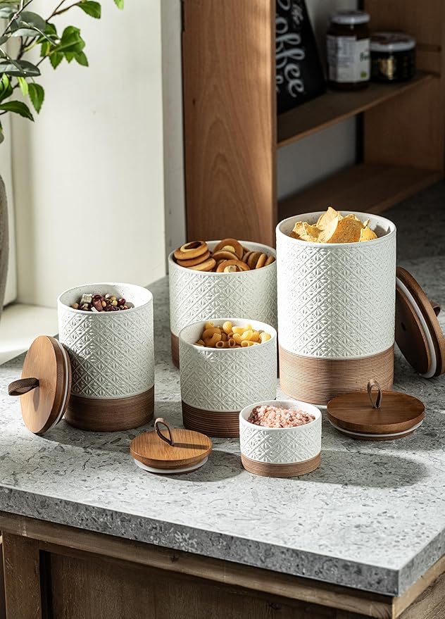 Large Coffee Containers with Lids, Ceramic Coffee Canister Kitchen Food Storage Cookie Jars with Airtight Lid for Spice Sugar Tea Candy, Stackable Decorative Jars for Counter - White 28 fl.oz