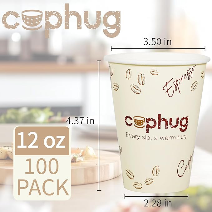 Cuphug 100 Pack 12 oz Coffee Cups with Lids, To Go Paper Cups with Sleeves and Stirring Sticks, Insulated Disposable Coffee Cups for Hot/Cold Drinks