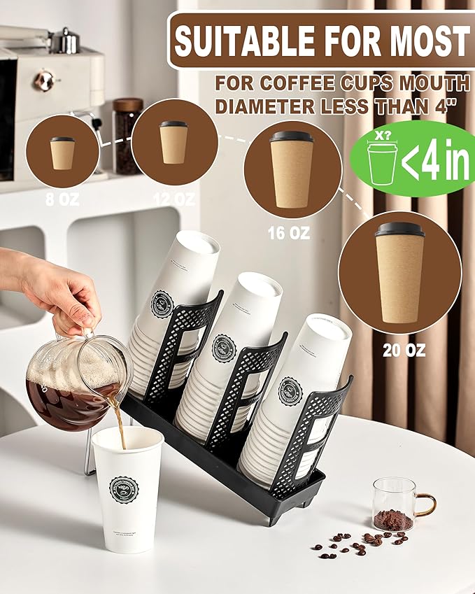 Coffee Cup Holder,Cup and Lid Dispenser with Stand,Disposable Cups Organizer,3 Slots,for Coffee Station,Bar,Office,Home,Restaurant,Breakroom,Countertop