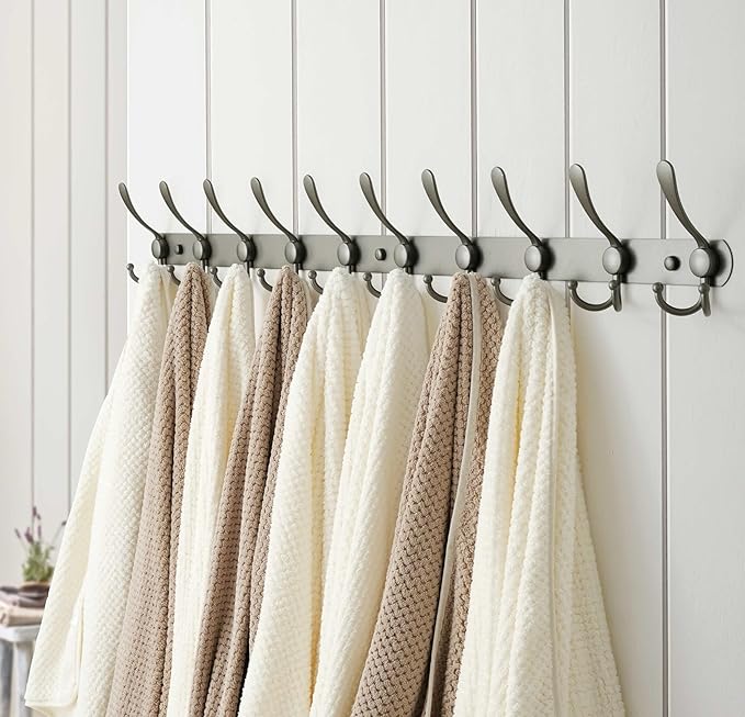 Dseap Coat Rack Wall Mount - 38” Long 10-Tri-Hooks Heavy Duty Coat Hanger Rail Wall Hooks for Hanging Coats Hats Clothing Clothes Purse Mudroom Entryway, Gray, Pack of 2