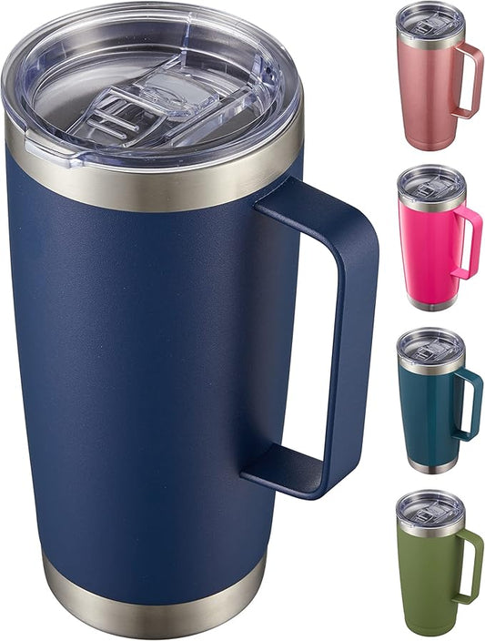 CIVAGO 20 oz Tumbler Mug with Lid and Straw, Insulated Travel Mug with Handle, Double Wall Stainless Steel Vacuum Coffee Tumbler, Thermal Cup, Navy Blue