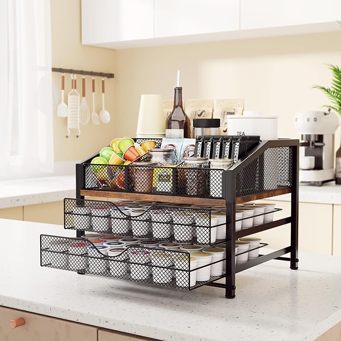 Coffee Bar Organizer - Coffee Station for Countertop, Metal and Wood K Cup holder Storage Basket for Coffee Pods, Syrup, Cups, Stirrer, Coffee Condiment, Tea Organizer, Black and Brown