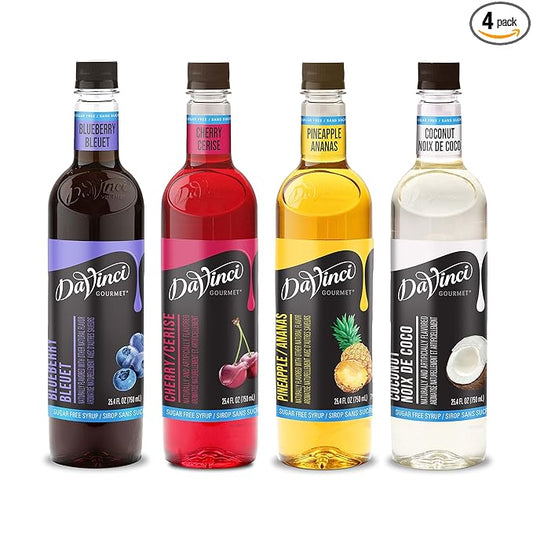 DaVinci Gourmet Sugar Free Syrup, Fruit Flavors Variety Pack - Blueberry, Cherry, Coconut, Pineapple, 25.4 Fl Oz (Pack of 4)
