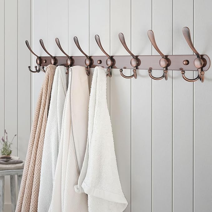 Dseap Coat Rack Wall Mount - 29.5” Long 8-Tri-Hooks Heavy Duty Coat Hanger Rail Wall Hooks for Hanging Coats Hats Clothing Clothes Purse Mudroom Entryway, Pack of 2
