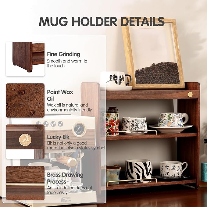Coffee Mug Holder Wooden Cup Rack Mug Display Shelf Coffee Cup Holder for Countertop With 6 Mug Cups 3 Tier Wood Coffee Mugs Holder for Kitchen Coffee Cup Storage