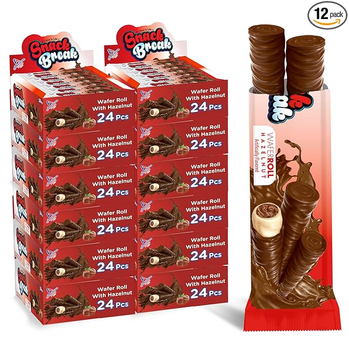 Snack Break Hazelnut Wafer Rolls, Rolled Wafer Cookies, Cocoa Coated Delicious Snack, Individually Wrapped, Crunchy Sticks for On-the-Go, Coffee, Tea, 24 Count (Pack of 12)