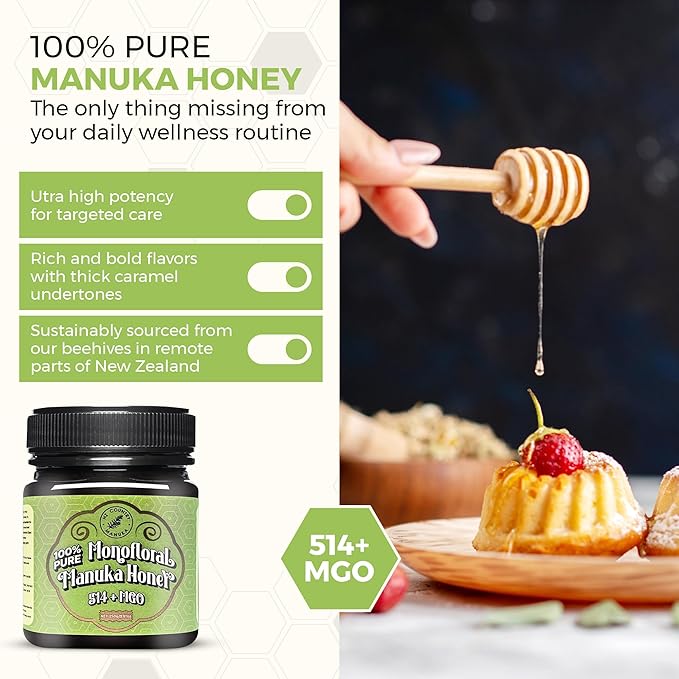NZ Country East Cape 100% Pure Manuka Honey | Non-GMO Monofloral MGO 514+ | Therapeutic/Food Grade with Internal and External Healing Properties | Unpasteurized and Chemical-Free