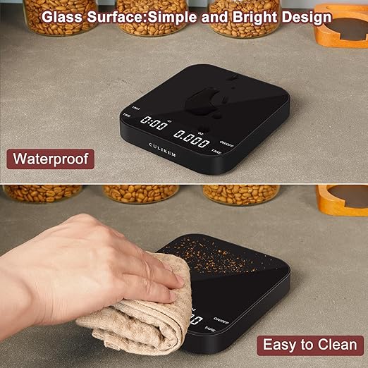 Coffee Scale with Timer, Kitchen, Digital, Rechargeable, Glass Mirror Design, for Pour-Over Barista, 0.3-3000g/0.1g