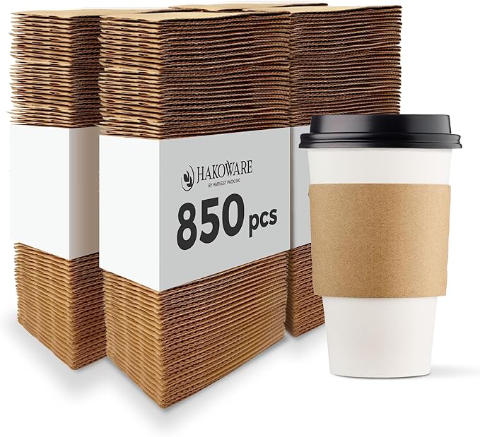 [850 COUNT]Harvest Pack Coffee Sleeves, Disposable Corrugated Brown Kraft Durable Paper Cup Sleeves, Fits 12/16/20/24 oz Cups, Recyclable Cup Sleeve Holder, Hand Protector for Coffee, Tea or Hot Drink