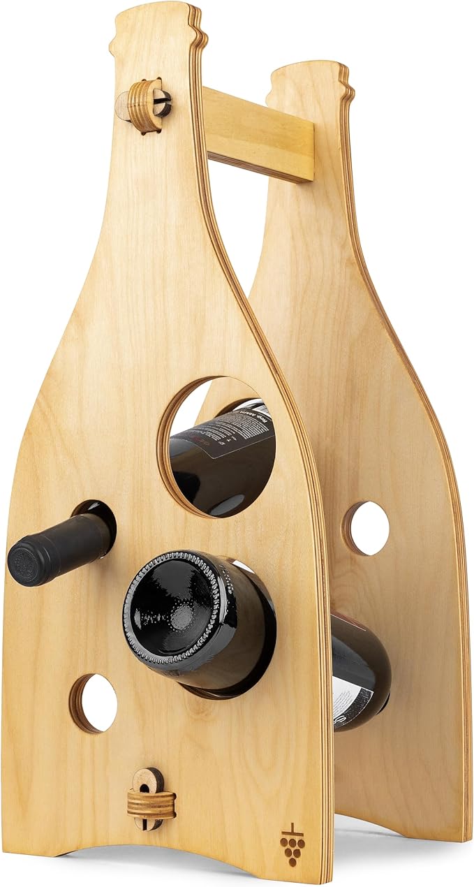 KAKALI Freestanding Wooden Wine Rack - Wood Wine Bottle Rack - Free Standing Bottle Storage - Countertop Racks for Bottles - House Warming Gifts for Casual Drinkers, 4 Bottle Storage