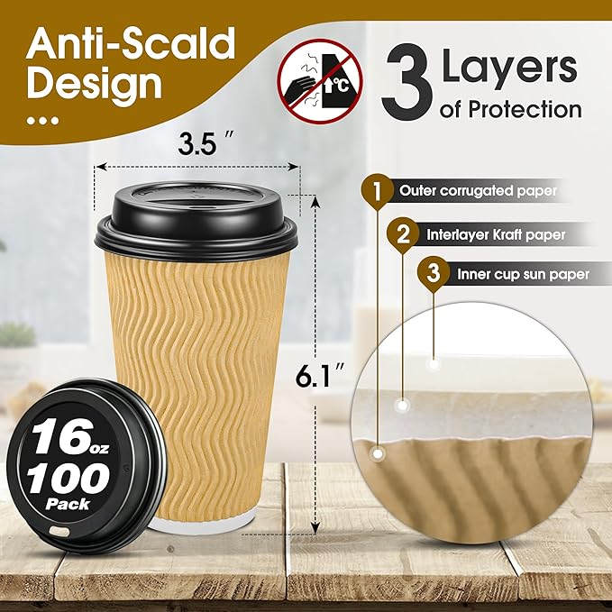 Ginkgo 100 Pack Disposable Coffee Cups with Lids 16 oz, Insulated Ripple Wall To Go Paper Cups for Party Home and Travel - Beige