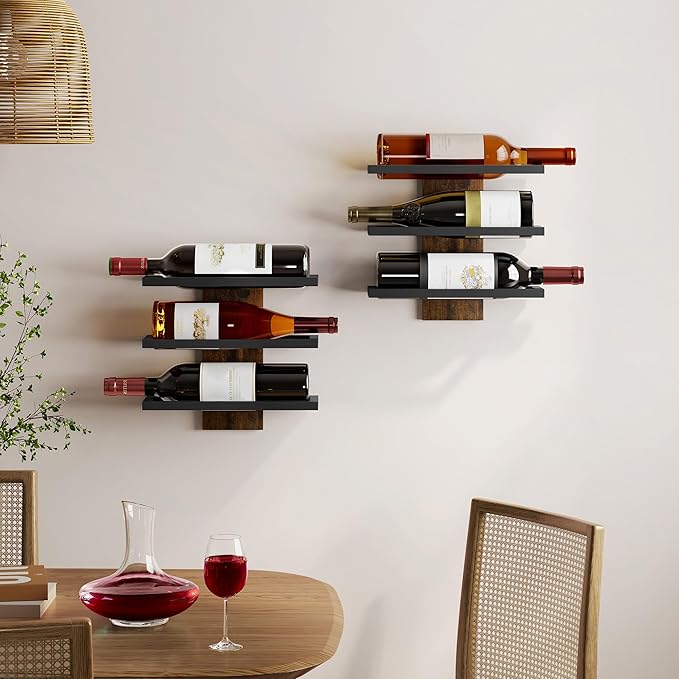 Hoctieon 3 Tier Wall Mount Wine Rack Set (9 Bottles), Wall Mounted Wine Bottle Rack for Display and Storage, Hanging Bottle Holder, for Living Room, Dining Room,Bar,Wine Cellar,Rustic Brown