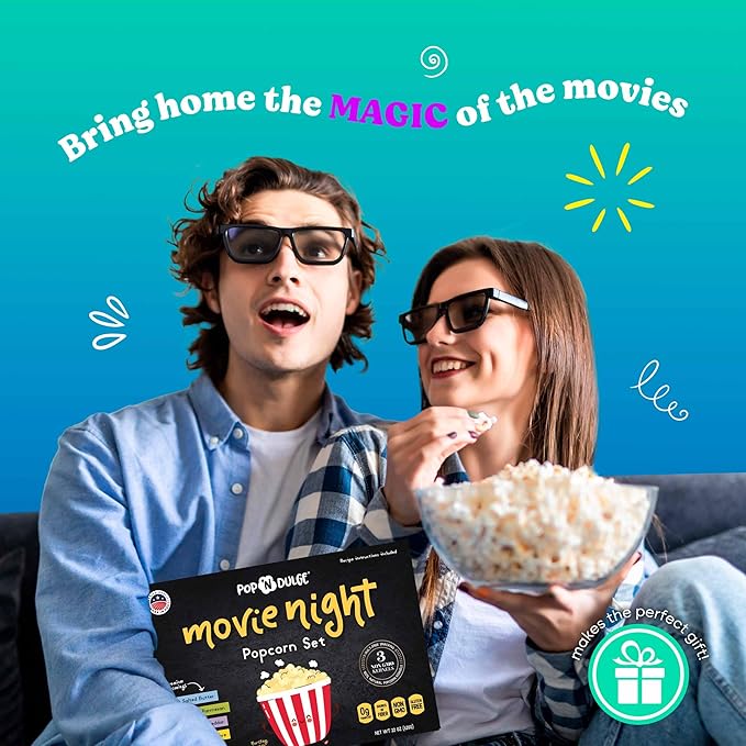 Pop n' Dulge Popcorn Movie Night Supplies 16 pcs Gift Set, 5 Gourmet Popcorn Kernels, 5 Seasoning Variety Packs Non-GMO Kosher Snacks, Great Housewarming Family Date Night Gifts Basket Ideas For Him Her