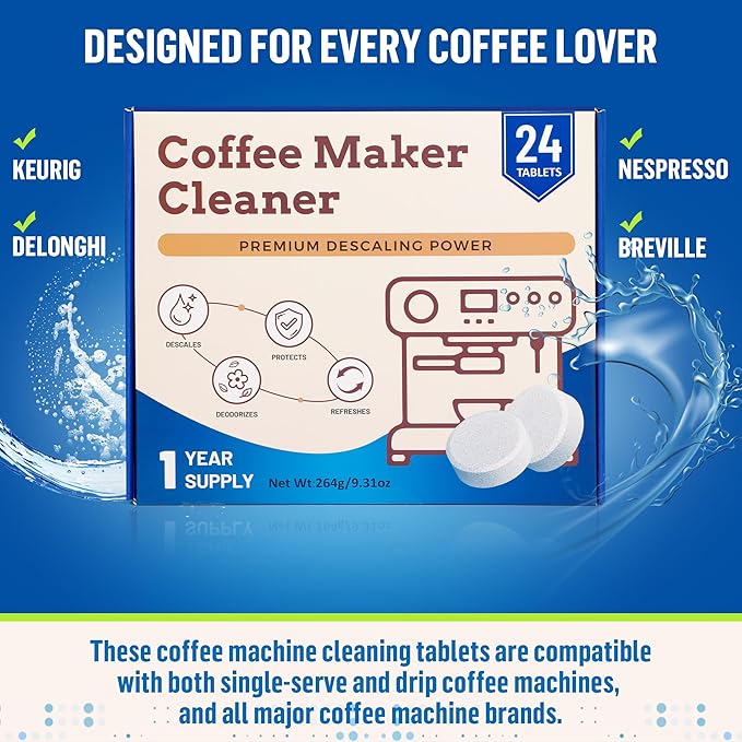 Coffee Maker Cleaner – Strong Descaler Cleaning Compatible With Nespresso, Keurig, Breville, Ninja, Remove Limescale, Calcium & Coffee Oils – Espresso & Drip Coffee Maker Accessories（24 pack）