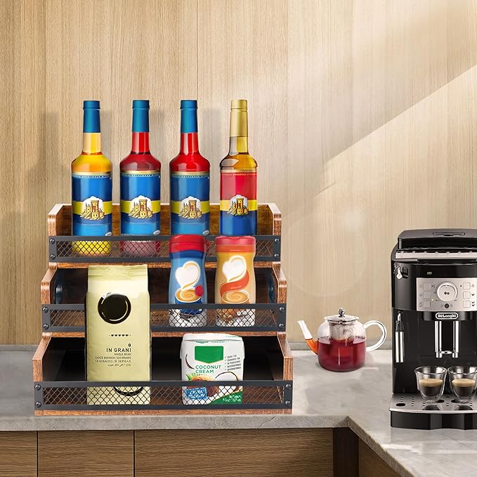Liquor Bottle Display Shelf, Coffee Syrup Rack Organizer, 3 Step Countertop Liquor Wine Rack, 12 Bottles Coffee Station Organizer with Fences & Handles, Home Retro Bar Shelf Stand for Liquor Whiskey