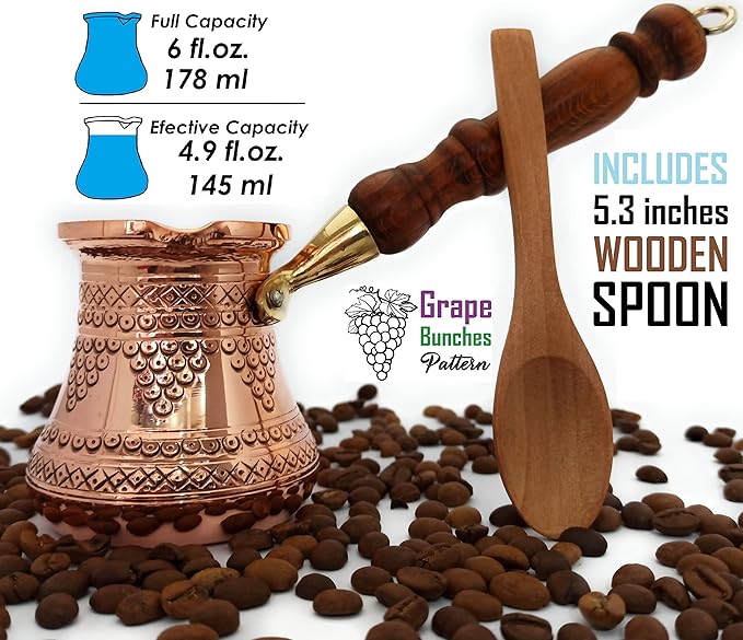PCZ Series (Small-6 fl.oz) - Thickest Solid Copper Engraved/Stamped Turkish Greek Arabic Coffee Pot with Wooden Handle, Stovetop Coffee Maker Cezve Jezve Jazva Jazzve Ibrik Briki (Shiny)
