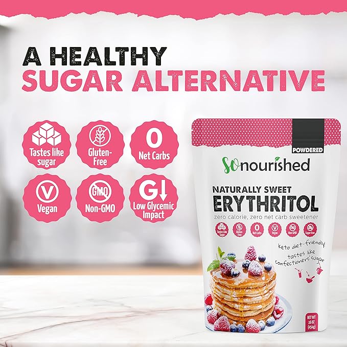 So Nourished Powdered Erythritol Sweetener - 1:1 Sugar Substitute, Keto - 0 Calorie, 0 Net Carb, Non-GMO (2.5 lbs / 40 oz)