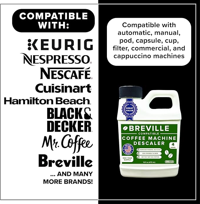 Breville Espresso Machine Compatible Descaler - 1 YEAR SUPPLY - Concentrated Descaler for Breville - 16 oz Coffee Maker Cleaner for Breville, Nespresso, Delonghi, Espresso Machine - 4 Uses