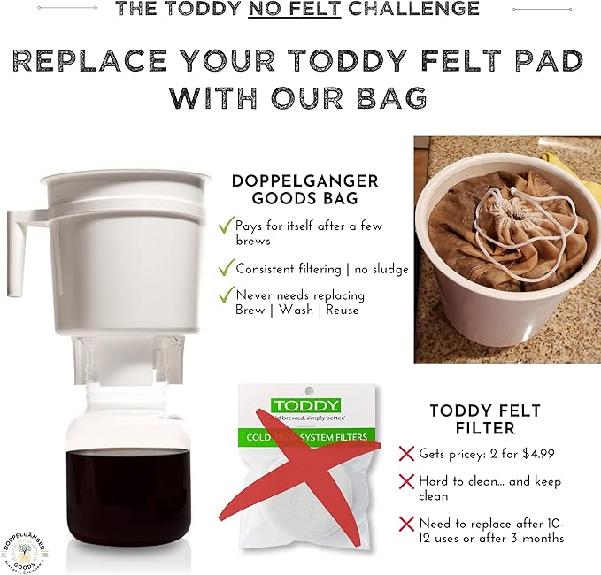 Doppelganger Goods bag cleaner alternative to Toddy felt filter with reusable coffee brewing setup
