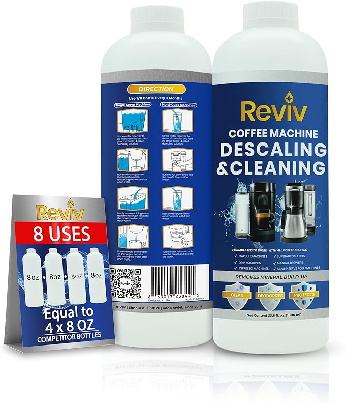REVIV Descaling Solution for Coffee Machines (8 Uses) – 33.8 fl oz, Compatible with Espresso Machines, Keurig Coffee Machine, Nespresso, Delonghi, Breville – Removes Limescale & Enhances Flavor