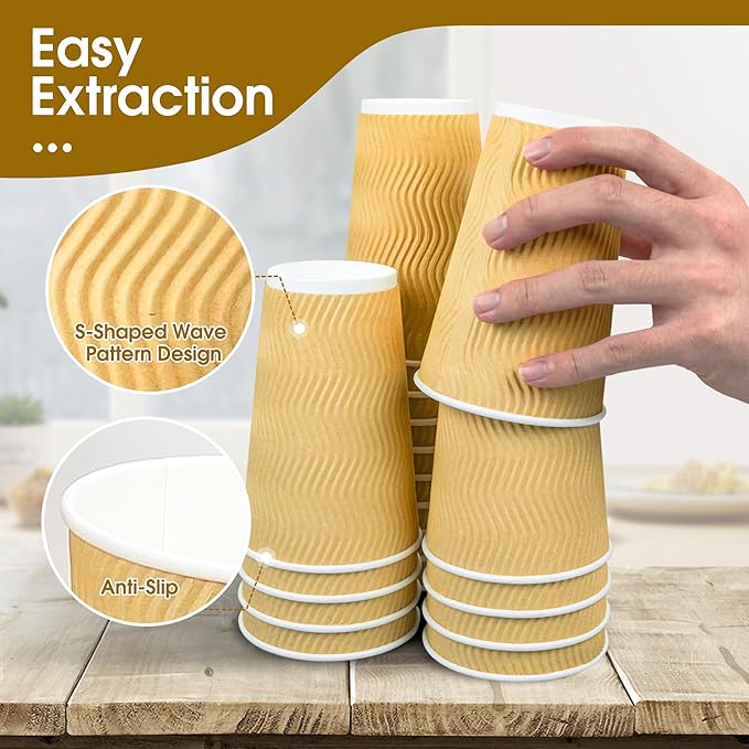 Ginkgo 100 Pack Disposable Coffee Cups with Lids 16 oz, Insulated Ripple Wall To Go Paper Cups for Party Home and Travel - Beige
