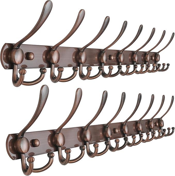 Dseap Coat Rack Wall Mount - 29.5” Long 8-Tri-Hooks Heavy Duty Coat Hanger Rail Wall Hooks for Hanging Coats Hats Clothing Clothes Purse Mudroom Entryway, Pack of 2