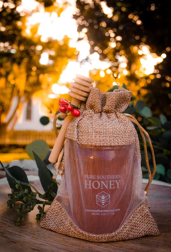 100% Authentic, USA – Made [ 4 oz ] MINI Raw Unfiltered Honey Gourmet Gift Bag with Dipper, Pure Southern Honey - Unheated - Non - GMO, No Additives, All - Natural Sweetener- Environmental-Friendly Glass Jar