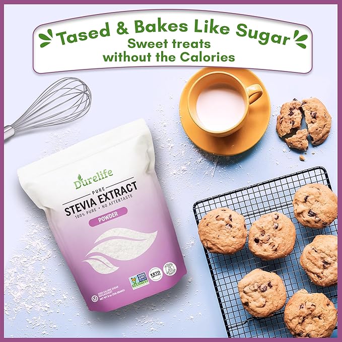 Durelife 100% Pure stevia extract sweetener 8 oz | No Erythritol, NON-GMO Project Verified, No Fillers, Zero Calorie Sugar Substitute | No Aftertaste | Micro-Spoon Included | 8 oz