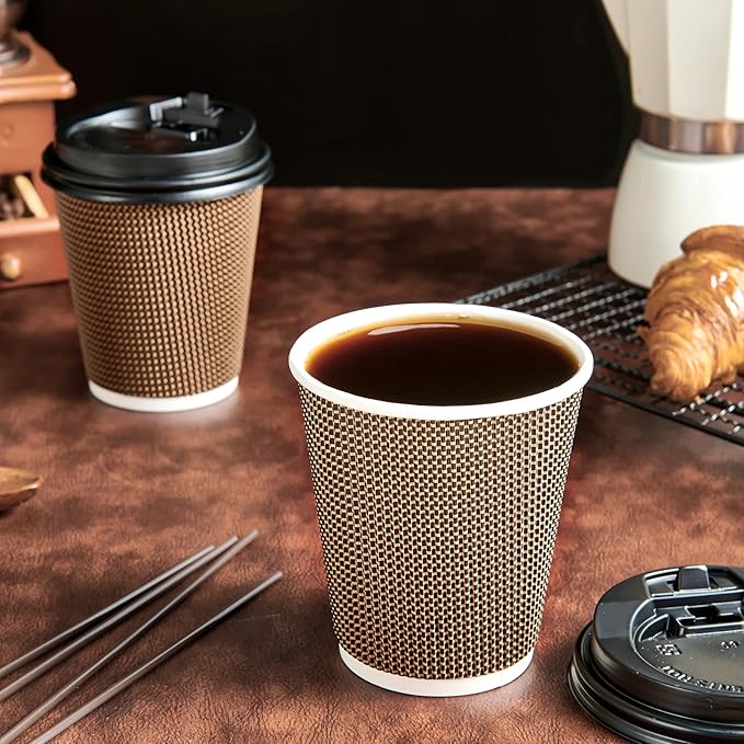 LITOPAK 80 Pack 10 oz Paper Coffee Cups, Insulated Ripple Wall Hot Coffee Cups with Lid and Straws, Brown Three Layer Insulated Hot Beverage Cups for Parties, Picnic, and Travel