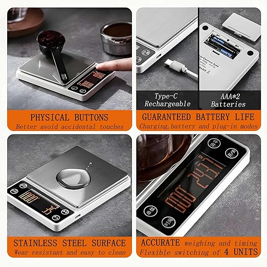 Espresso Scale with Timer 3kg/0.1g Accuracy Coffee Bean Scale Digital Portable Rechargeable Auto Tare Smart Water Flow White