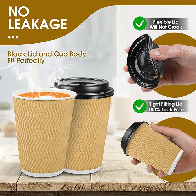 Ginkgo 100 Pack Disposable Coffee Cups with Lids 12oz, Insulated Ripple Wall To Go Paper Hot Cups - Beige