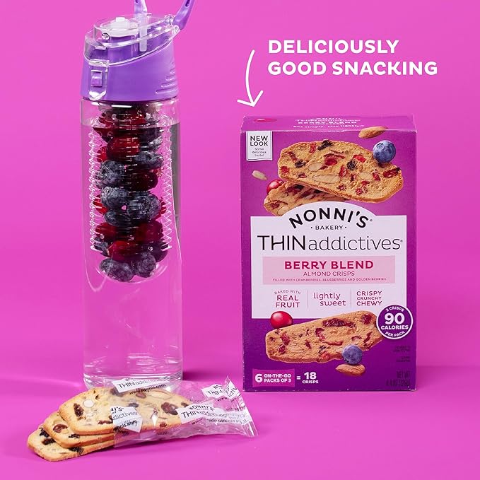 Nonni's THINaddictives Almond Thin Cookies - 6 Boxes Berry Blend Almond Cookies - Almond Cookie Thins w/Cranberries Blueberries Goldenberries Raisins Sunflower Seeds - Kosher - 4.4 oz