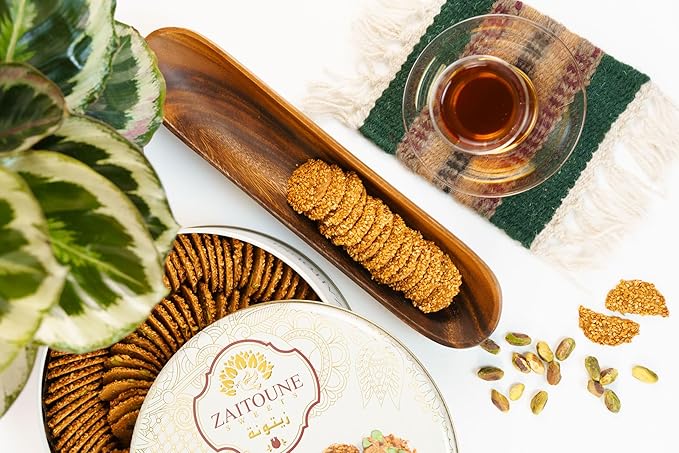 Zaitoune Barazek Cookies - 18 oz | Luxurious Crunchy Sesame & Pistachio Cookies Handcrafted in Turkey | Beautiful Reusable Gift Tin | Perfect for Coffee or Tea | Great Sharing Present