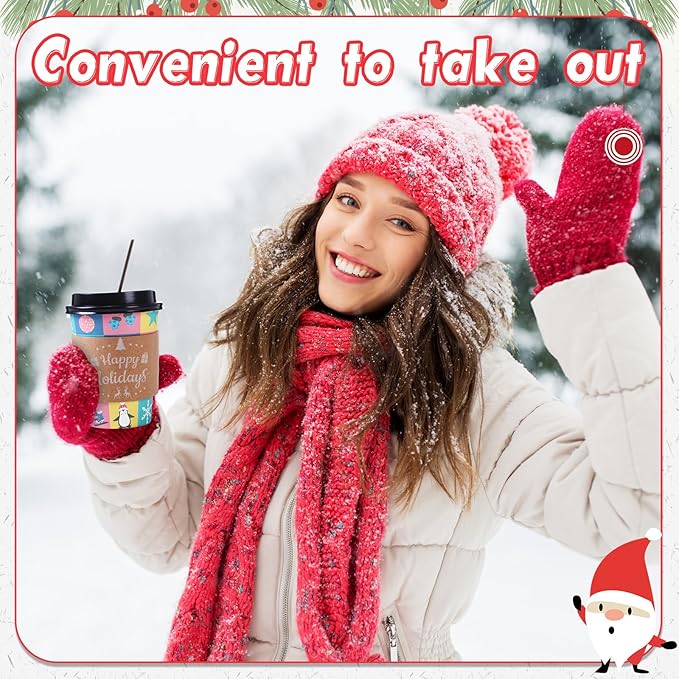 Remerry 100 Sets 400 Pcs 12 oz Christmas Disposable Coffee Cups with Lid, Straws and Sleeves Snowflake Reindeer Snowman Paper Cups Xmas Party Supplies for Hot Drink Cold Beverage(Christmas Style)