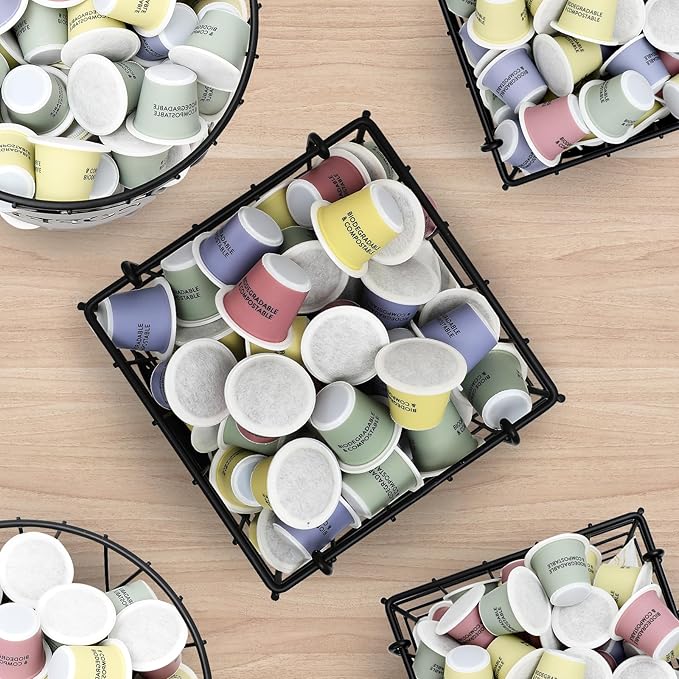 Coffee Pod Holder Organizer,Large Capacity K Cup Holder Organizer, Storage Basket for Kitchen Countertop Office Coffee Bar with Wooden Base(Rustic Black-Square)