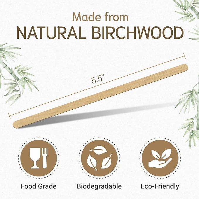 1000 Pack 5.5 Inch Natural Wood Coffee Stir Sticks Individually Wrapped - Wooden Disposable Coffee Stirrers also for Tea, Cocktails & Beverages - Eco-Friendly Stirring Sticks